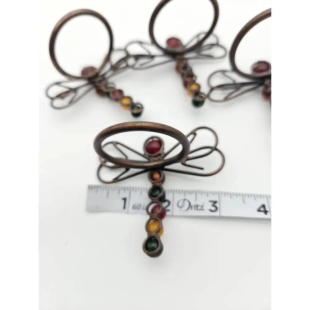 4pc Vintage Dragonfly Beaded Napkin Rings Metal & Beaded Red Amber Green